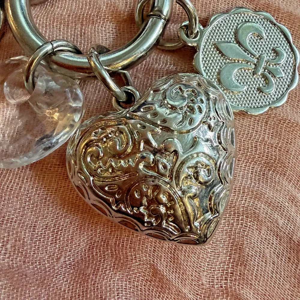 Vintage Kathy Van Zeeland Charm Keychain Silver Tone Heart Crystal 6” Long